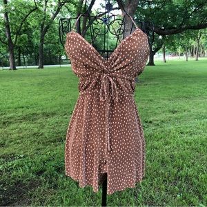 Pull & Bear Gold and White Polka Dot Spaghetti Strap Plisse Romper NWT